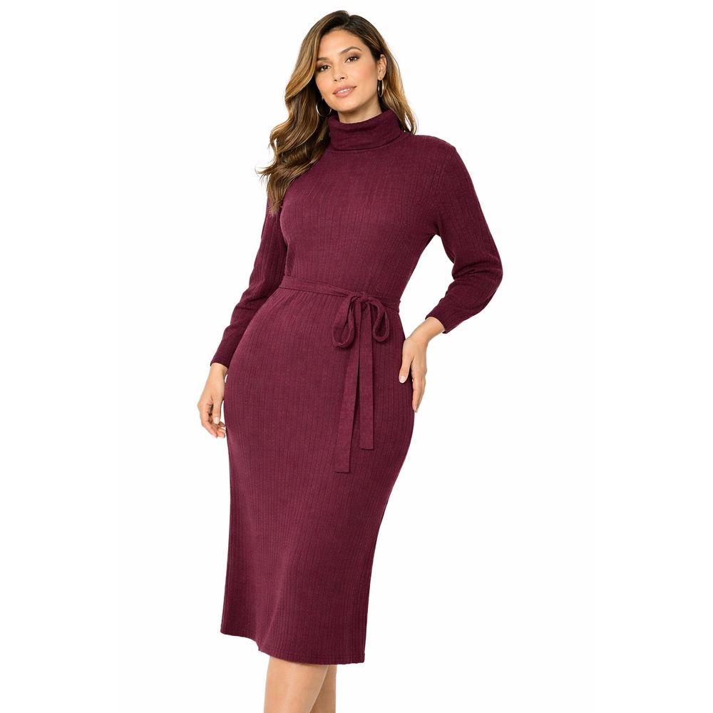 Worthington Burgundy Ribbed Turtleneck Sweater Dress Belted‎ Midi Size L
